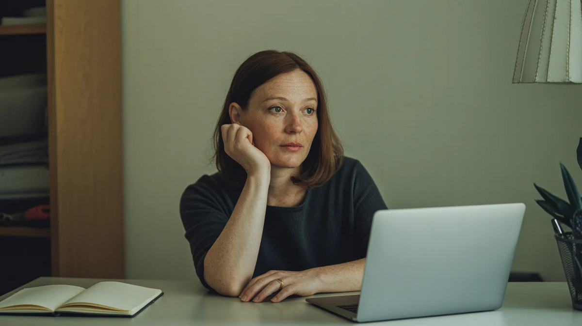A woman in her forties pauses at her desk, mid thought, looking past her laptop