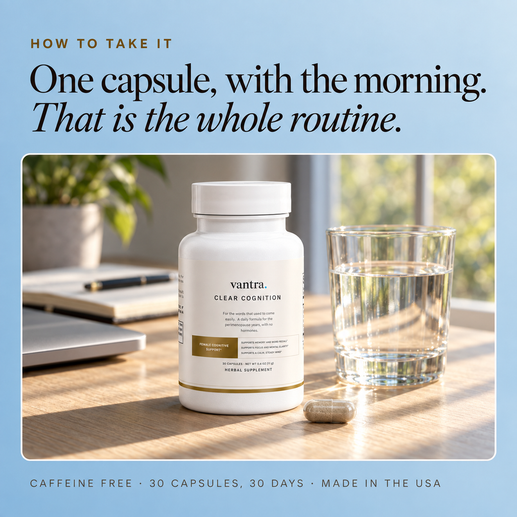 One capsule, with the morning. That is the whole routine. The Clear Cognition bottle on a sunlit desk beside a glass of water, caffeine free, 30 capsules for 30 days, made in the USA