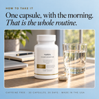 One capsule, with the morning. That is the whole routine. The Clear Cognition bottle on a sunlit desk beside a glass of water, caffeine free, 30 capsules for 30 days, made in the USA