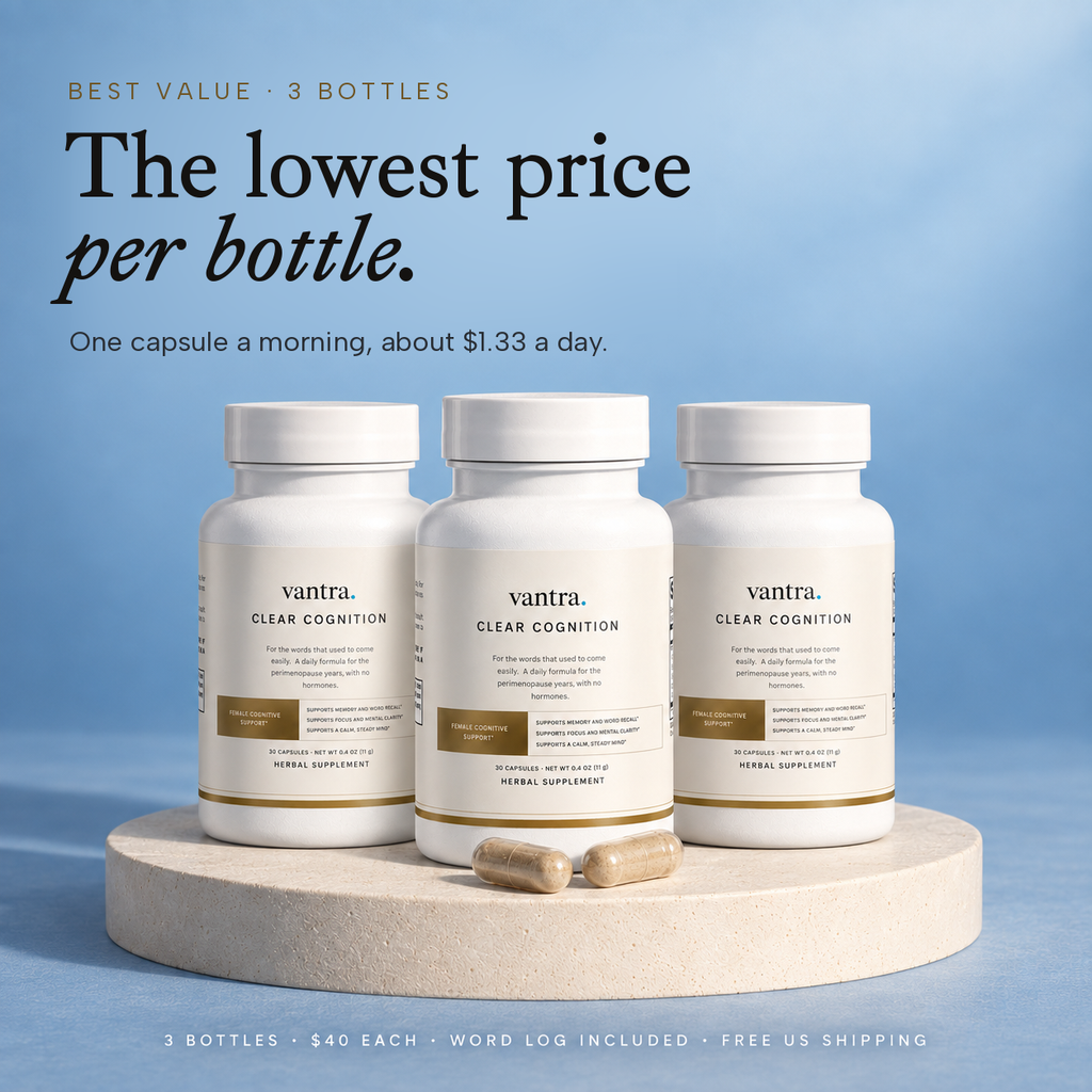 The lowest price per bottle. Three Clear Cognition bottles on a cream plinth, 3 bottles at $40 each, about $1.33 a day, with the Word Log included and free US shipping