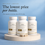 The lowest price per bottle. Three Clear Cognition bottles on a cream plinth, 3 bottles at $40 each, about $1.33 a day, with the Word Log included and free US shipping